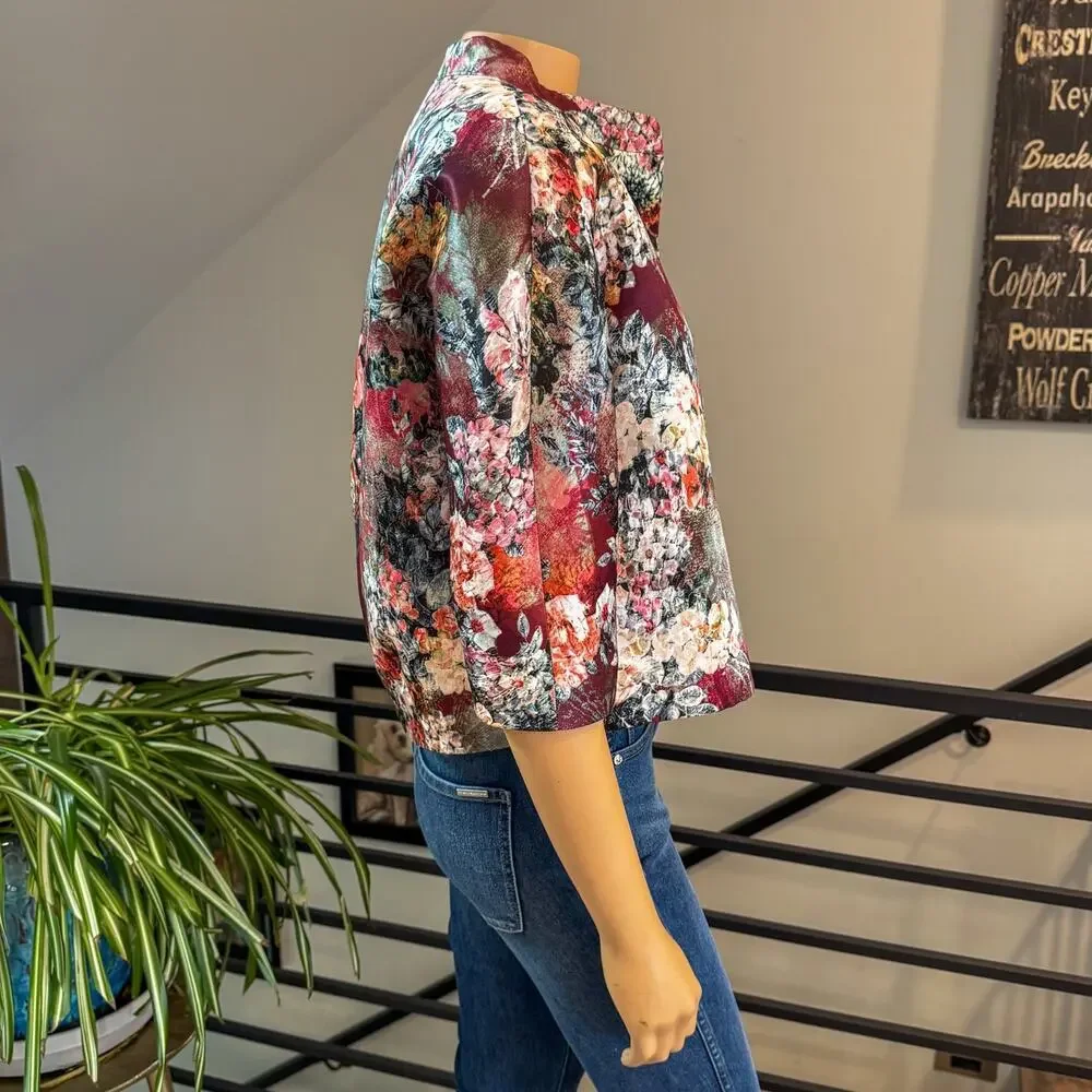 Vintage Blue Les Copains Jacquard Crop Floral Evening Jacket, Size US 8 / M / 44